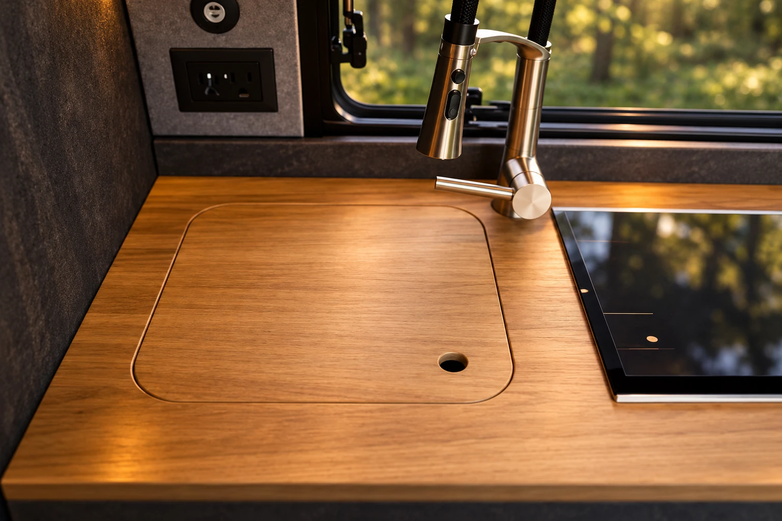 Küchenzeile mit Echtholz-Arbeitsplatte, abgedeckter Spüle und Induktionskochfeld in einem Busmacher Camper