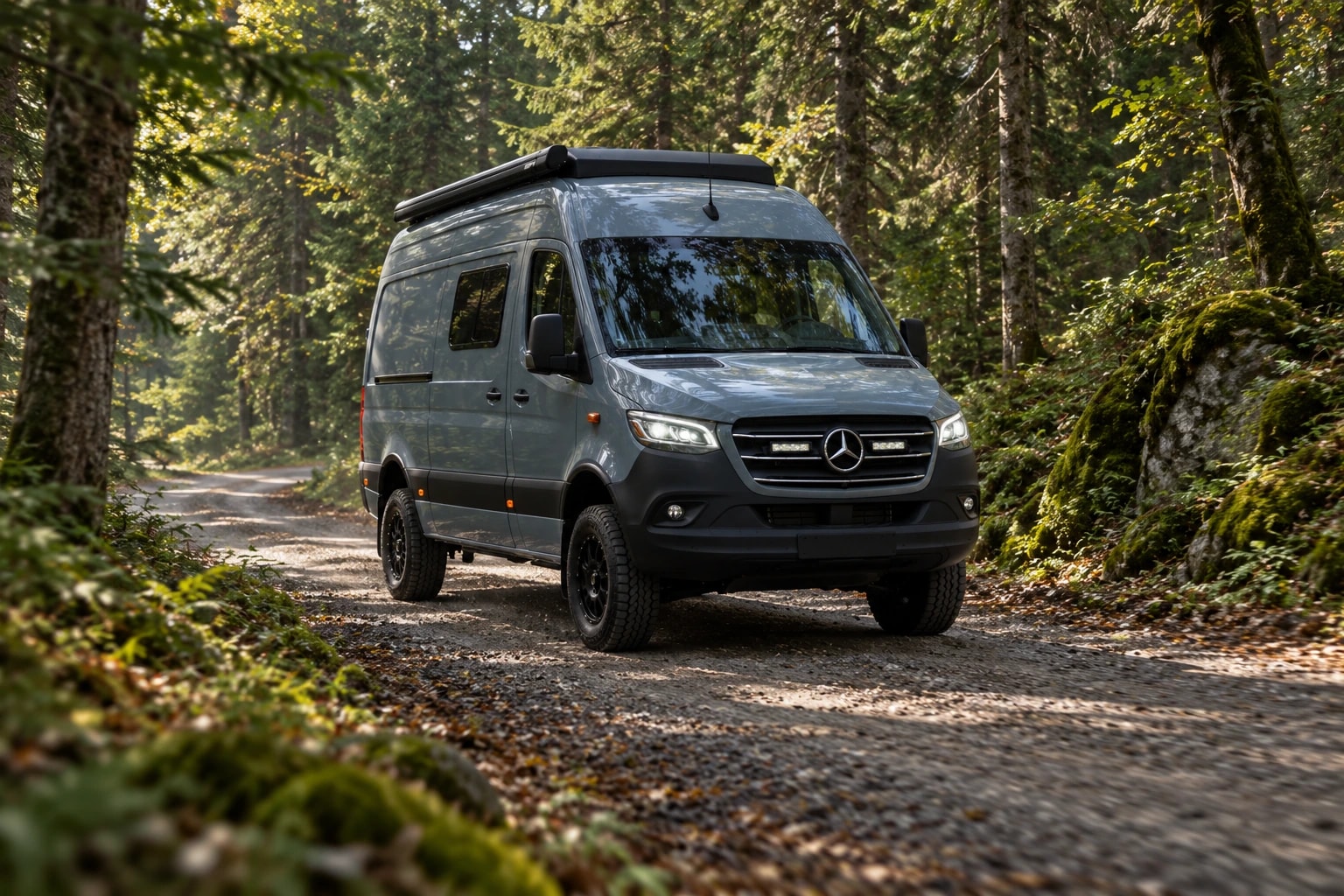 Grauer Mercedes-Benz Sprinter 4x4 Camper auf einem kurvigen Waldweg