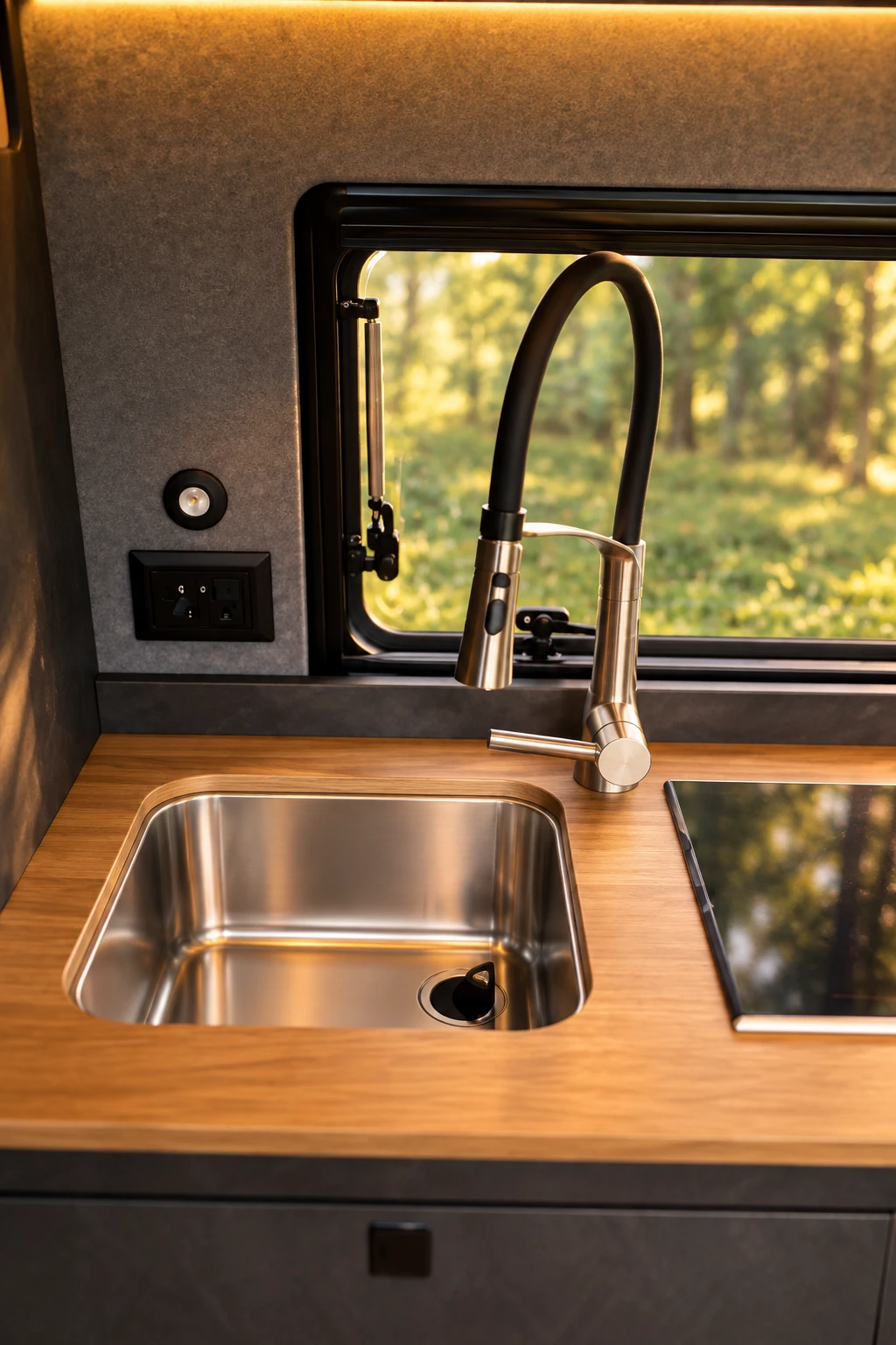 Küchenzeile mit Massivholz-Arbeitsplatte und Edelstahlspüle in einem Busmacher Camper